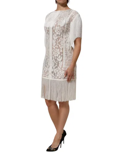 Dolce & Gabbana White Floral Lace Fringe Knee Length Dress In White