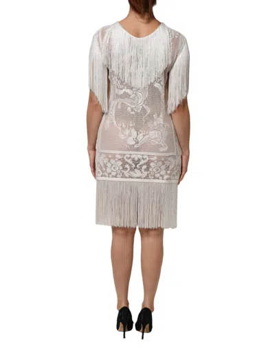 Dolce & Gabbana White Floral Lace Fringe Knee Length Dress In White