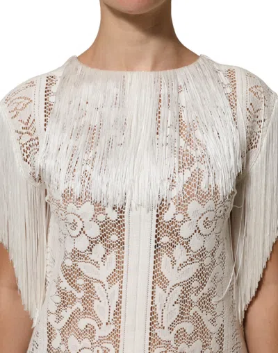 Dolce & Gabbana White Floral Lace Fringe Knee Length Dress In White