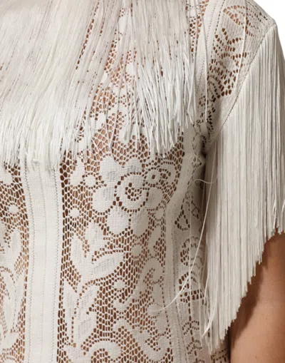 Dolce & Gabbana White Floral Lace Fringe Knee Length Dress In White
