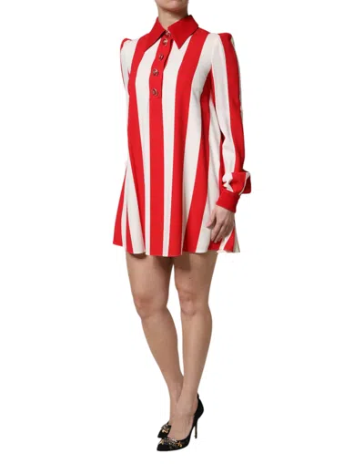 Dolce & Gabbana White Red Stripes Long Sleeves Mini Dress In Red