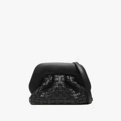 Themoirè Tia Black Clutch Bag With Woven Straw Motif And Shoulder Strap In Black