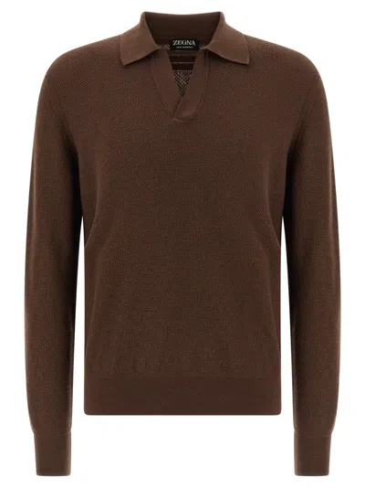 Zegna Cashmere Jacquard Long Sleeve Polo In Brown