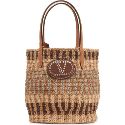 Valentino Garavani Small Vlogo Signature Crocheted Raffia Bucket Bag In Brown