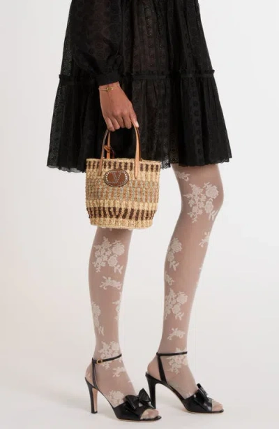 Valentino Garavani Small Vlogo Signature Crocheted Raffia Bucket Bag In Brown