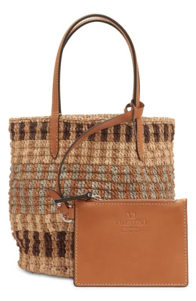 Valentino Garavani Small Vlogo Signature Crocheted Raffia Bucket Bag In Brown