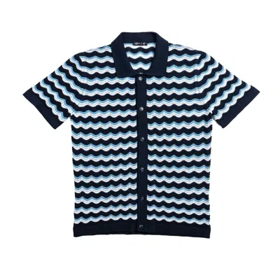Eight X Men's Blue / White The Ripple Crochet Short Sleeve Button Up Shirt - Navy In Black