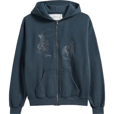 One Of These Days Into The Distance Embroidered Cotton Graphic Zip-up Hoodie In Blue
