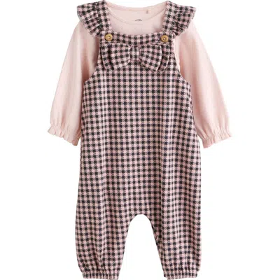 Next Pointelle Bodysuit & Bow Accent Check Overalls Set In Pink