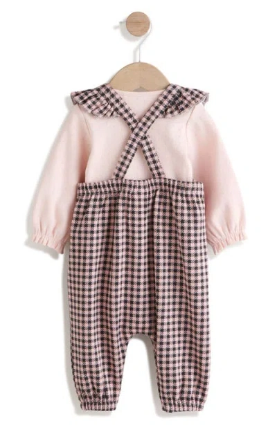 Next Pointelle Bodysuit & Bow Accent Check Overalls Set In Pink