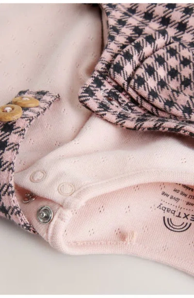 Next Pointelle Bodysuit & Bow Accent Check Overalls Set In Pink