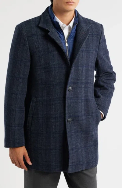 Hart Schaffner Marx Mason Plaid Wool Blend Overcoat With Quilted Bib In Blue