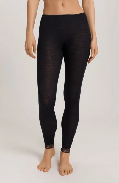 Hanro Lace Trim Merino Wool & Silk Rib Leggings In Black
