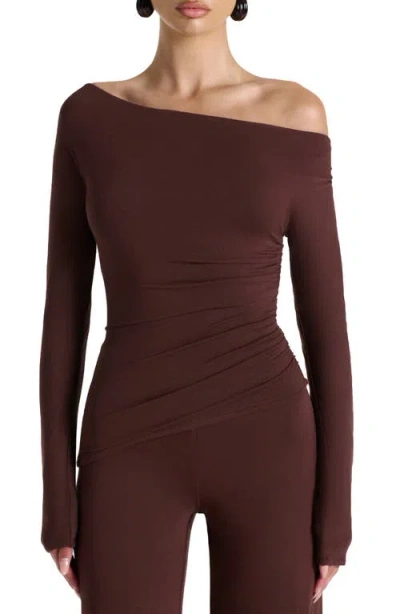 Naked Wardrobe Off The Shoulder Ruched Top In Brown