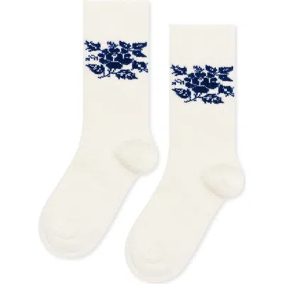 Hansel From Basel Floral Merino Wool & Recycled Cashmere Blend Crew Socks In White