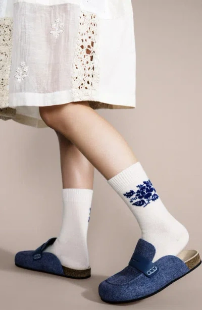 Hansel From Basel Floral Merino Wool & Recycled Cashmere Blend Crew Socks In White