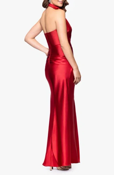 Betsy & Adam "antonia" Satin Cowl Halter Neck Rouched Floor Length Dress In Red