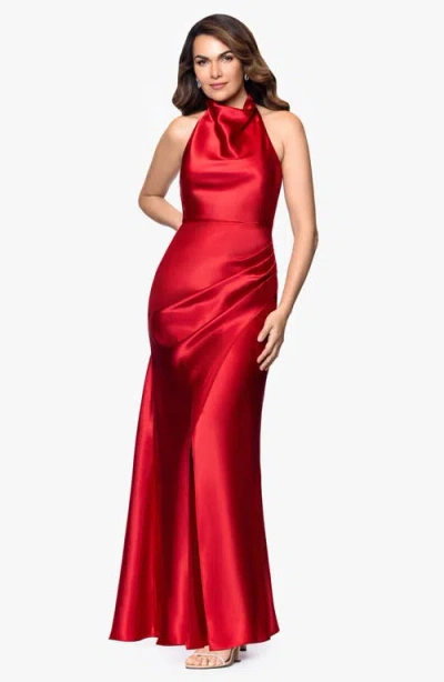 Betsy & Adam "antonia" Satin Cowl Halter Neck Rouched Floor Length Dress In Red