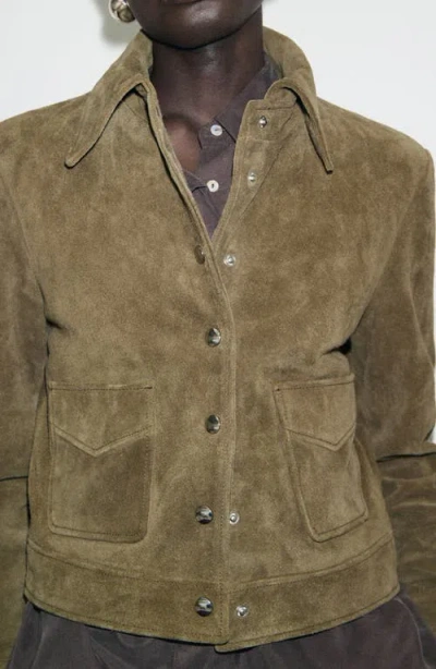 Mango Suede Leather Jacket With Buttons Khaki In Green
