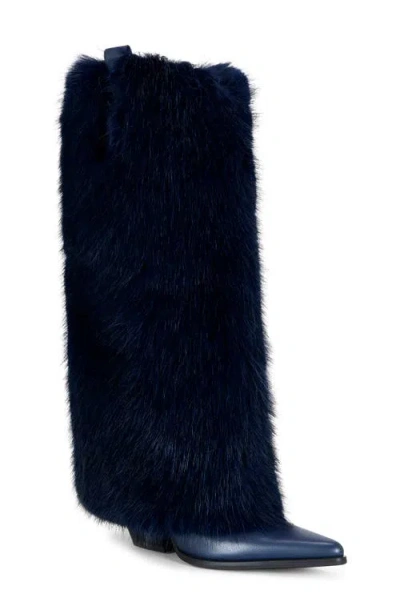 Azalea Wang Friata Faux Fur Western Boot In Blue
