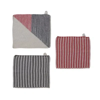 Storied Home 3-piece Cotton Knit Dish Cloths With Pattern, Red, White And Grey In Multi