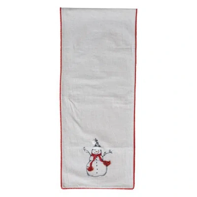 Storied Home Linen Printed Table Runner With Embroidered Snowman And Bird Image, Applique And Pom Po In White