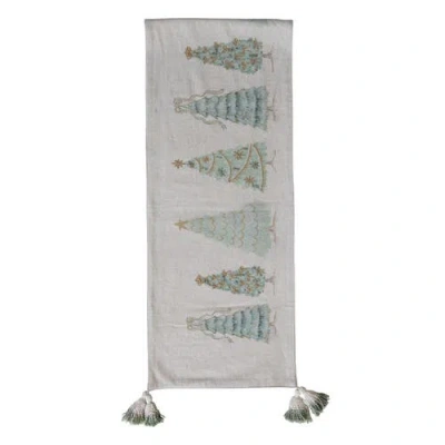 Storied Home Linen Printed Table Runner With Trees, Embroidery, Beads, French Knots, And Tassels, Mu In White