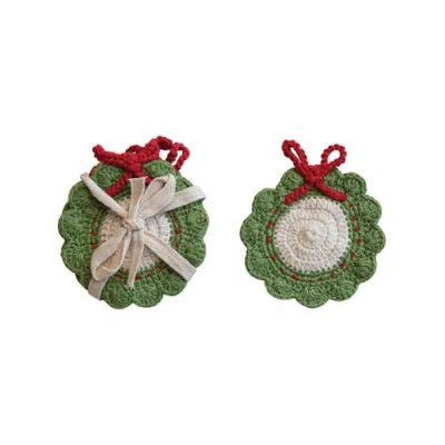 Storied Home Cotton Crocheted Wreath Shaped Coasters, Green, Red And White, Set Of 4 In Green