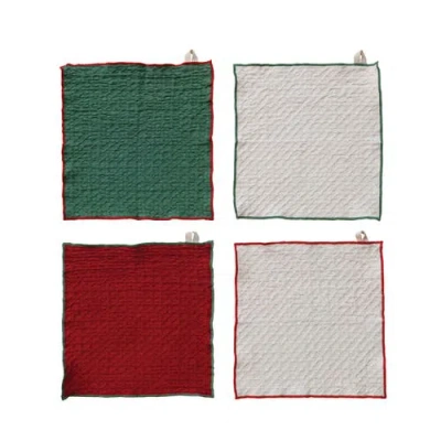 Storied Home 4-piece Square Waffle Weave Dish Cloths With Colored Stitched Edge, Natural, Green And  In Multi