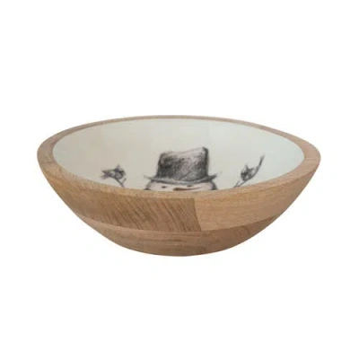 Storied Home Enameled Mango Wood Bowl With Snowman And Bird Image, Red, Black And White In Neutral