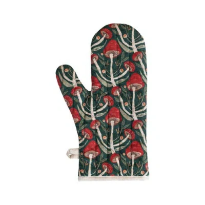 Storied Home Quilted Cotton Oven Mitt With Mushrooms Pattern And Loop, Multicolor In Green