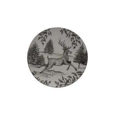 Storied Home Ceramic Platter With Woodland Deer Scene And Colored Edge, Brown And Cream Color In Black
