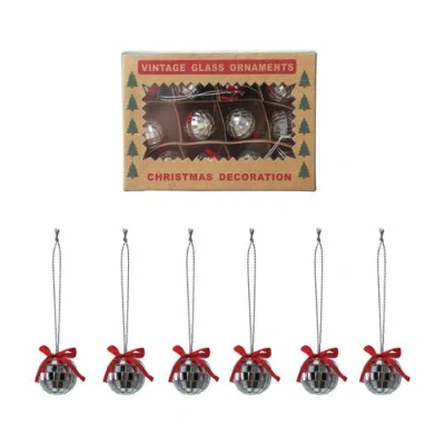 Storied Home 12-piece Foam And Glass Mini Mirror Ball Ornaments With Bow, Silver Finish And Red, In Silver