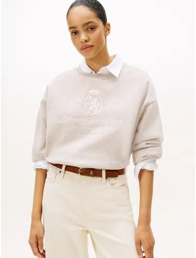 Tommy Hilfiger Embroidered Script Crest Logo Sweatshirt In Neutral