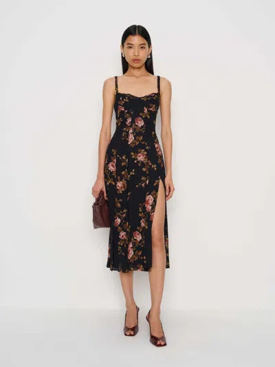 Reformation Katara Floral Georgette Midi Dress In Black