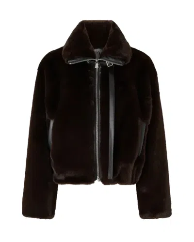 Pinko Cropped Brown Coat With Faux Fur Texture In Brown