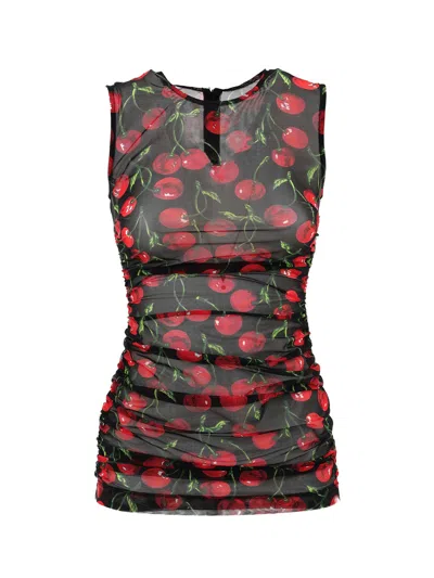 Dolce & Gabbana Top Black Tulle Print Cherry  In Black