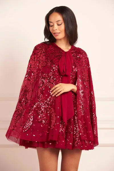 Needle & Thread Sequin Ribbon Hooded Cape In Red