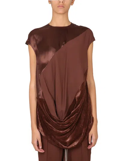 Rick Owens Draped Panel Cap Sleeve Satin Top In Brown