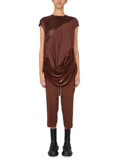 Rick Owens Draped Panel Cap Sleeve Satin Top In Brown