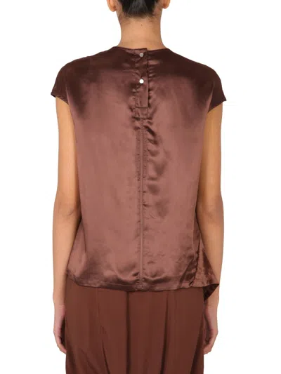 Rick Owens Draped Panel Cap Sleeve Satin Top In Brown
