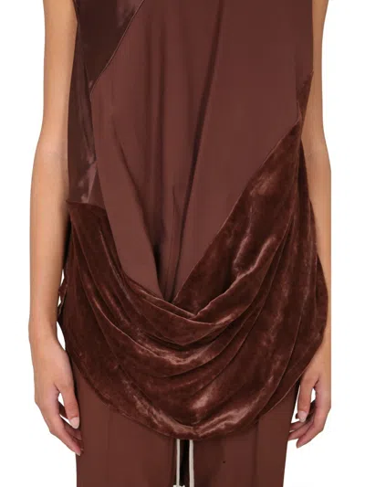 Rick Owens Draped Panel Cap Sleeve Satin Top In Brown