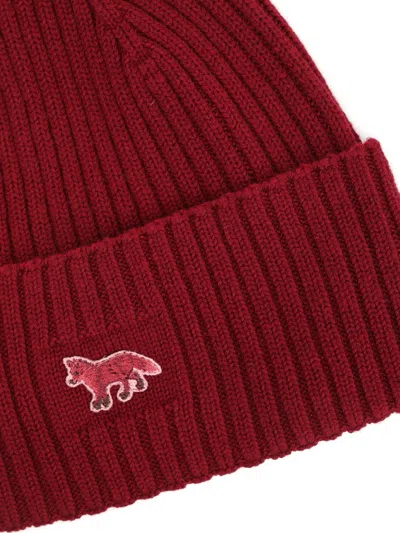 Maison Kitsuné Baby Fox Ribbed Beanie Hat In Red