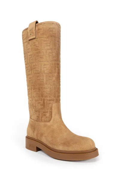 Fendi Cavallerizzo Boot Suede Ff Rubber Sole Boots Beige In Multi