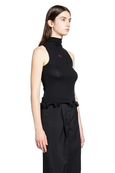 Fendi High Neck Fitted Sleeveless Top With Ruffles Clothing In Black