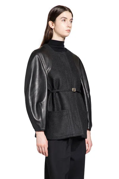 Fendi Wool And Leather Jacket In Gray