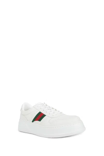 Gucci Men White Sneakers With Web Detail And Oversized Sole In Leather Man In Multi