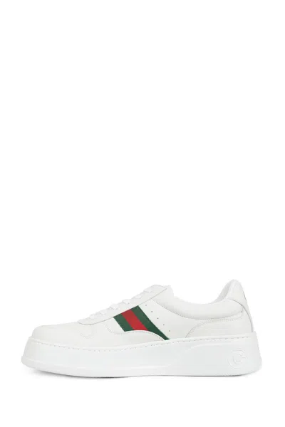 Gucci Men White Sneakers With Web Detail And Oversized Sole In Leather Man In Multi