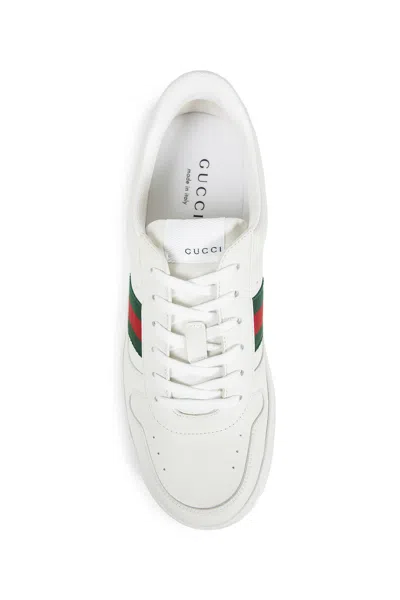 Gucci Men White Sneakers With Web Detail And Oversized Sole In Leather Man In Multi