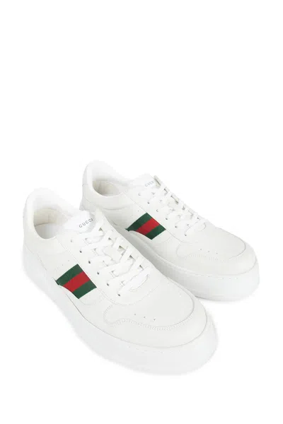 Gucci Men White Sneakers With Web Detail And Oversized Sole In Leather Man In Multi